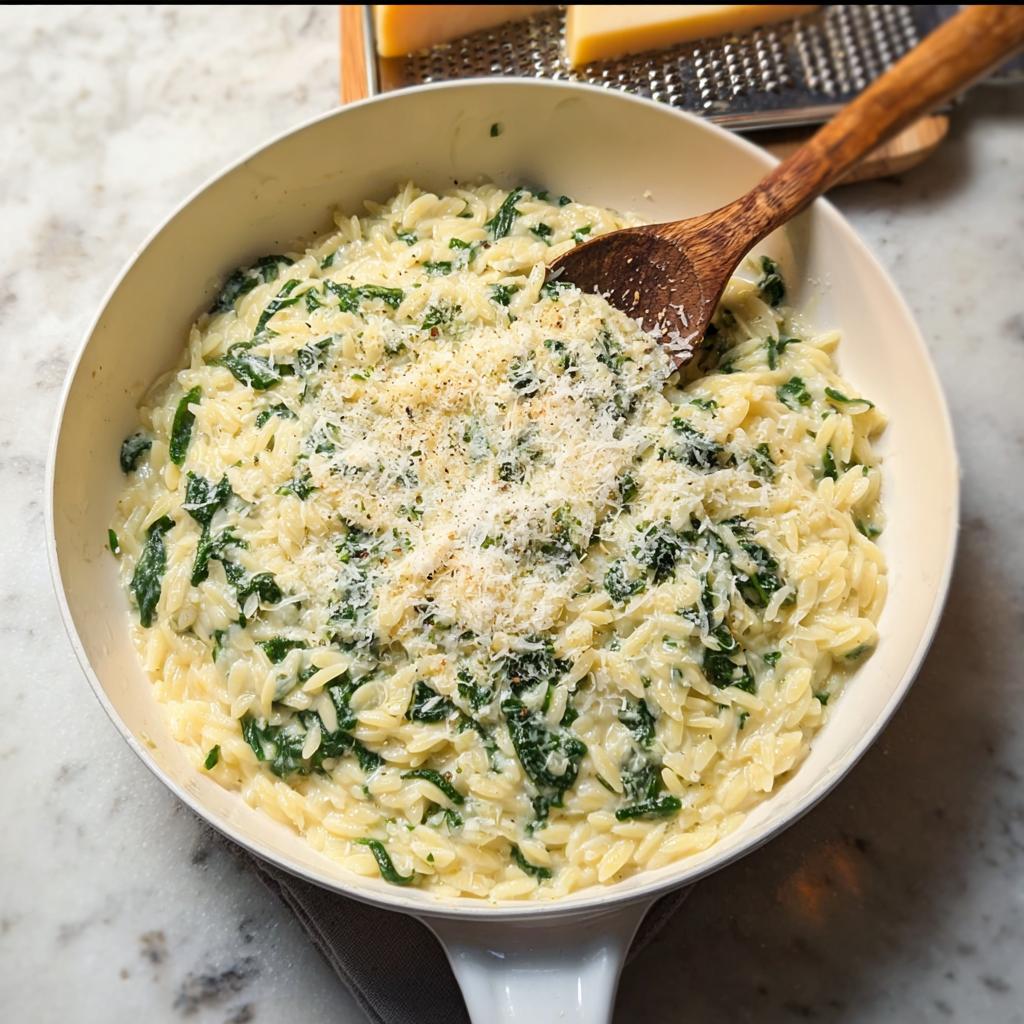 Creamy spinach orzo in a white pan, topped with grated parmesan cheese and black pepper. A perfect veggie side dish.