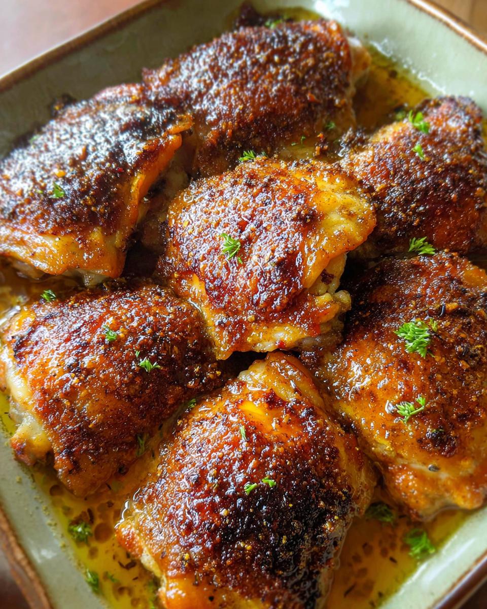 A close-up shot of perfectly baked chicken thighs with crispy skin, glistening in a savory sauce, garnished with fresh parsley.