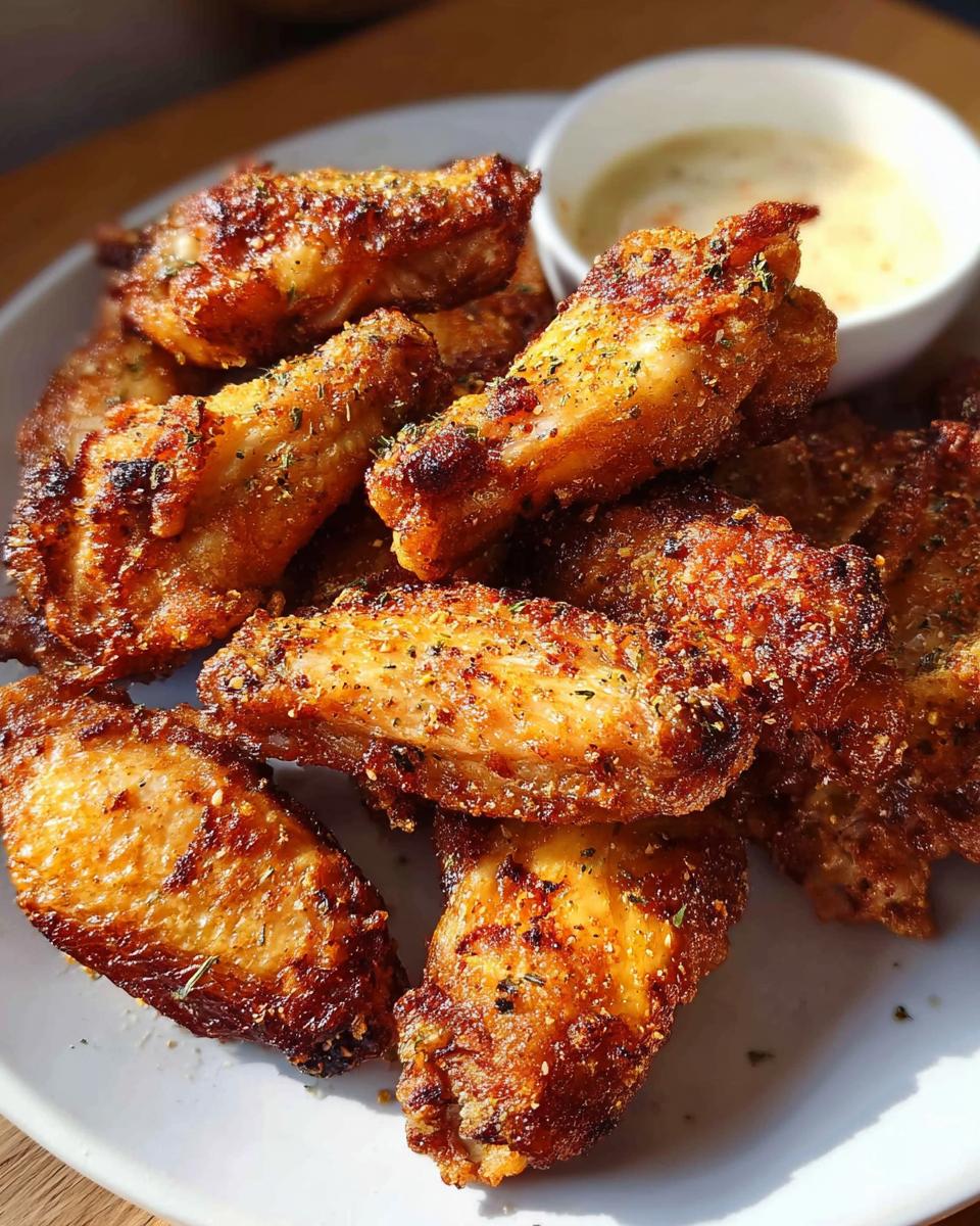 A plate of perfectly seasoned and crispy baked chicken wings, served with a dipping sauce.