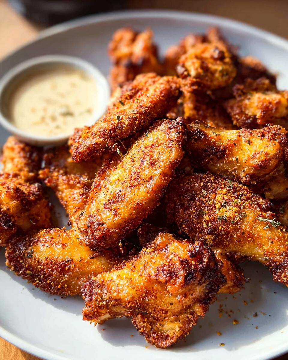 A plate of perfectly baked chicken wings, seasoned and crispy, served with a small bowl of dipping sauce.