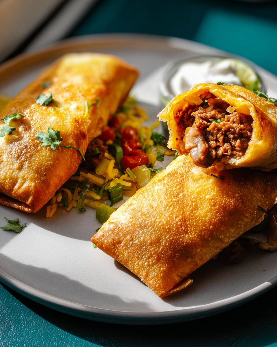 Two golden-brown, crispy beef empanadas served with a side of shredded cheese, chopped tomatoes, and a dollop of sour cream. One empanada is broken open to reveal the savory beef filling.
