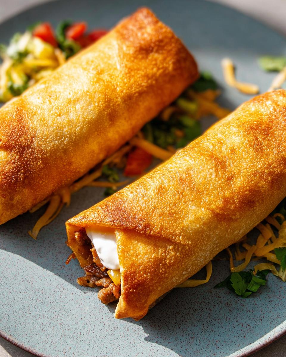 Two golden-brown crispy burritos filled with meat and topped with sour cream, part of 20-Ingredient Easy Dinner Recipes.