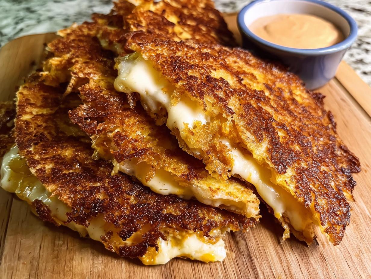 Close-up of crispy cheese quesadillas, oozing with melted cheese, served with a dipping sauce for Taco Tuesday.