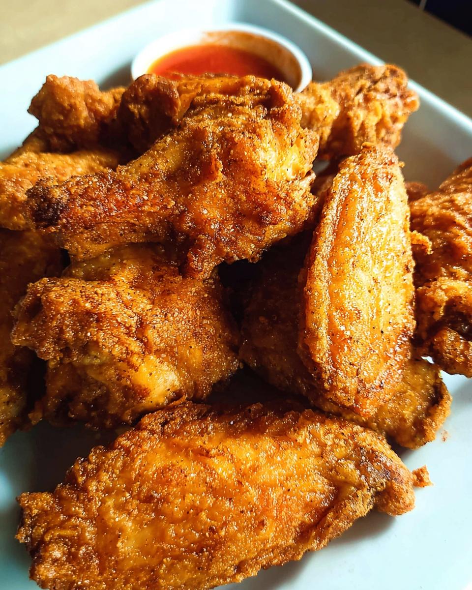 A close-up of a plate piled high with golden-brown, crispy chicken wings, served with a small bowl of dipping sauce.