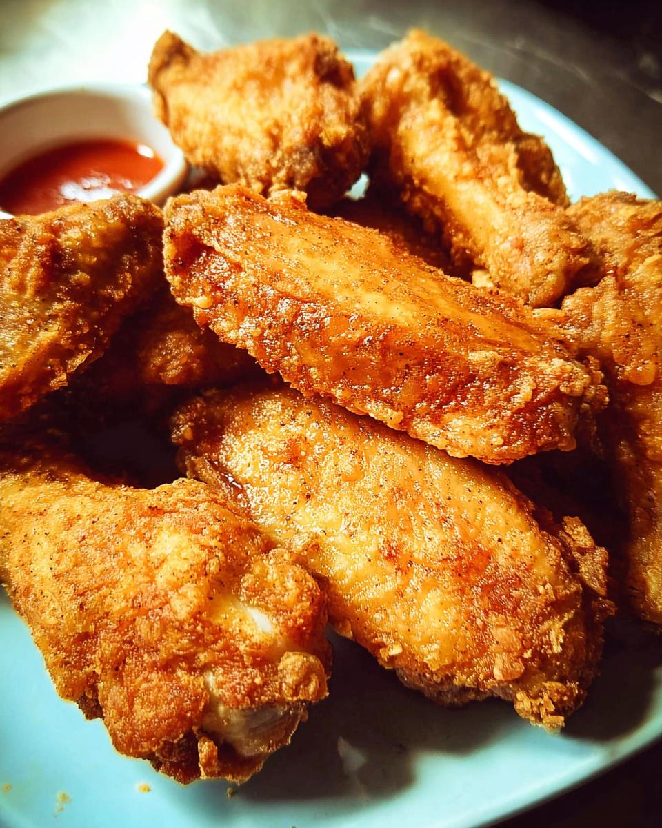A close-up of golden-brown, crispy fried chicken wings piled on a blue plate, with a small dish of dipping sauce.