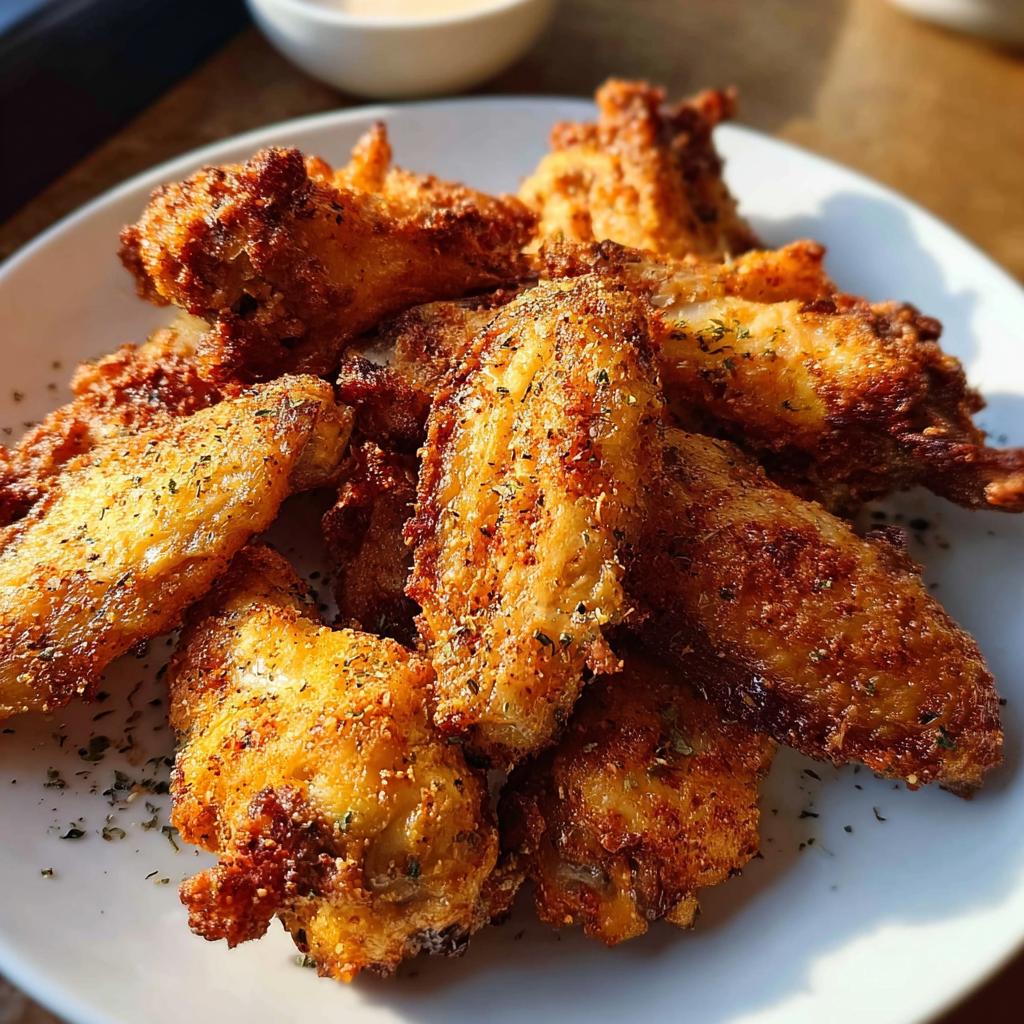 A close-up shot of a pile of perfectly crispy, golden-brown chicken wings seasoned with herbs, ready to be enjoyed.