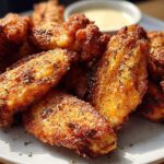 A plate of perfectly cooked, crispy chicken wings seasoned with herbs, ready to be enjoyed.