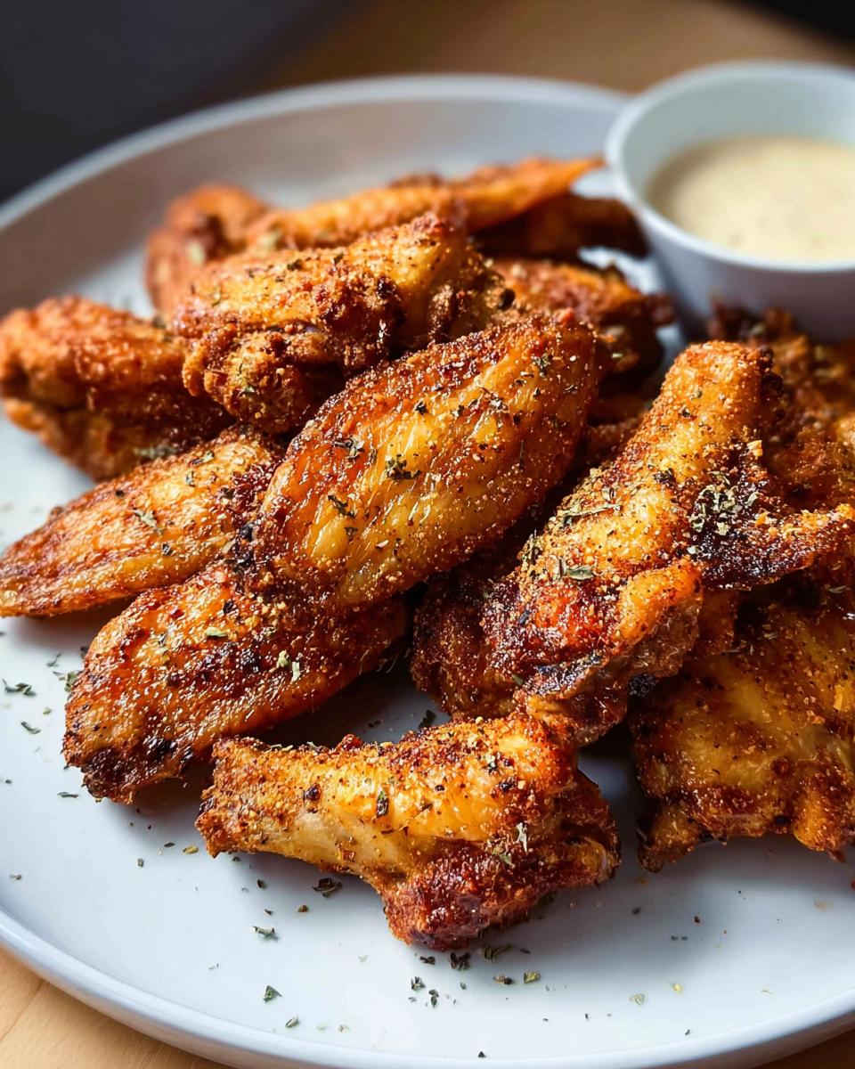 A plate of perfectly seasoned and crispy chicken wings, ready to be served with a side of dipping sauce.