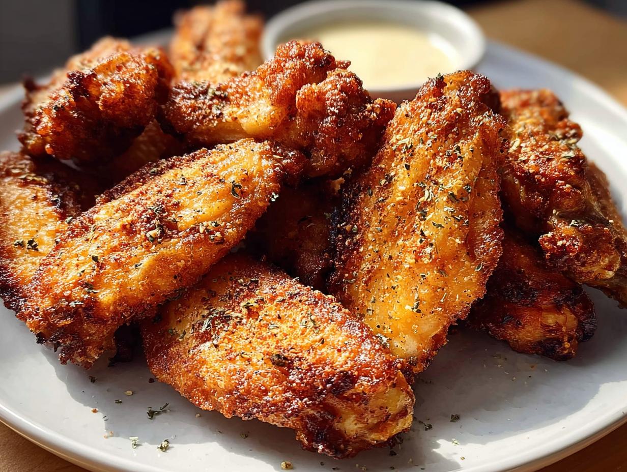 A plate of perfectly cooked, crispy chicken wings seasoned with herbs, ready to be enjoyed.
