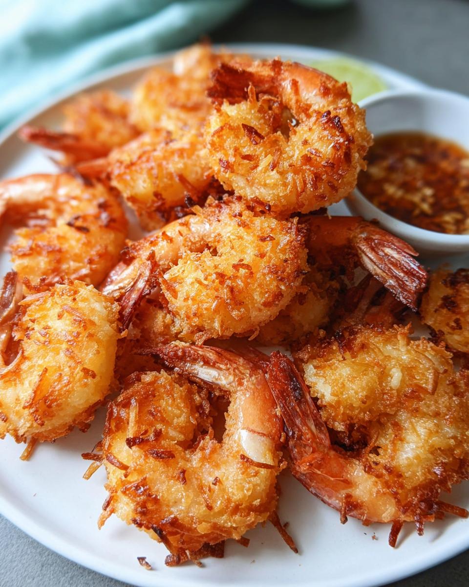 A plate of golden-brown crispy coconut shrimp, a delicious shrimp recipe idea for busy weeknights.