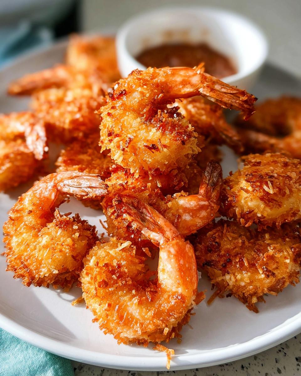 A plate of golden-brown, crispy coconut shrimp, a delicious shrimp recipe idea for busy weeknights.