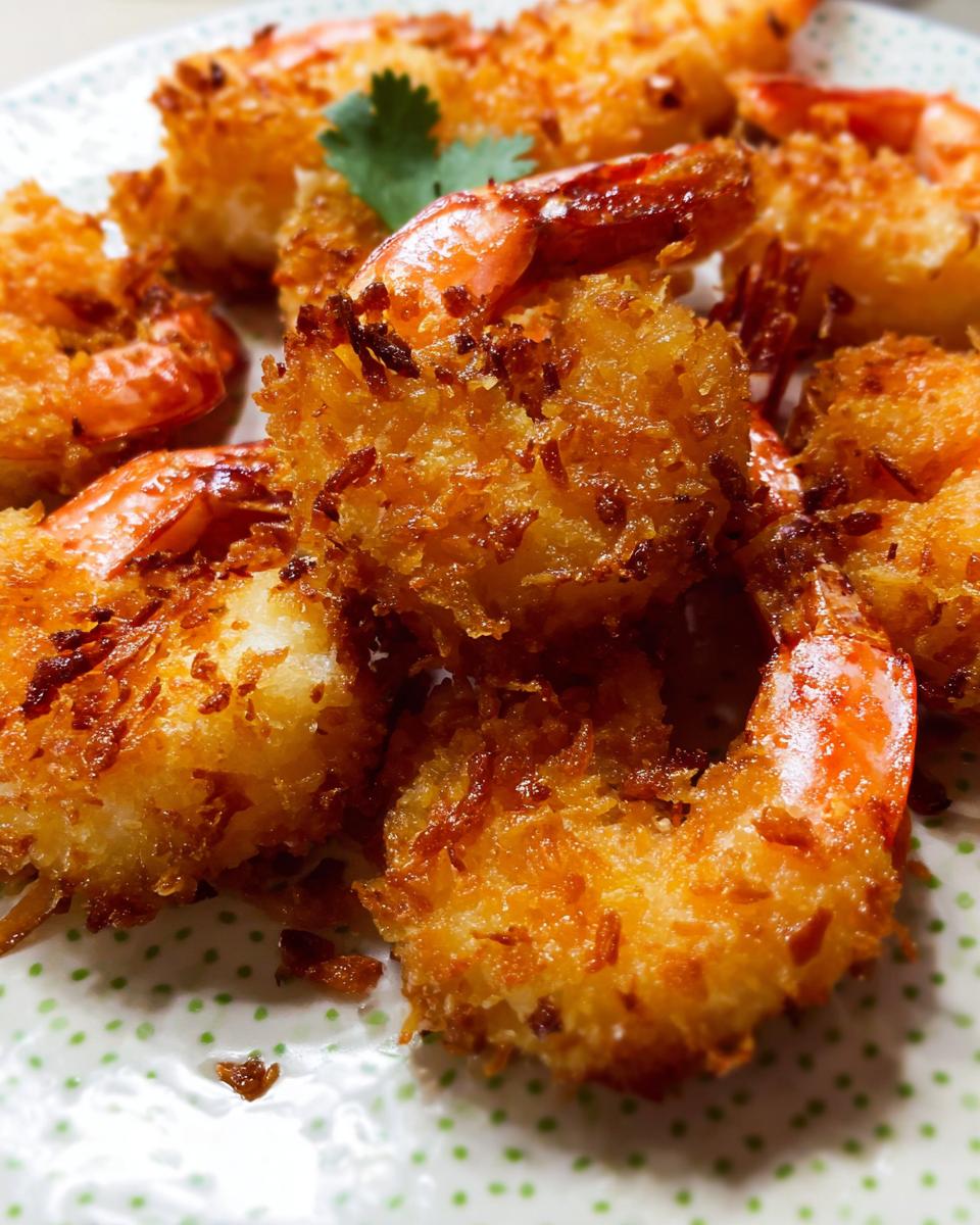 Close-up of golden-brown, crispy coconut shrimp, a delicious shrimp recipe.