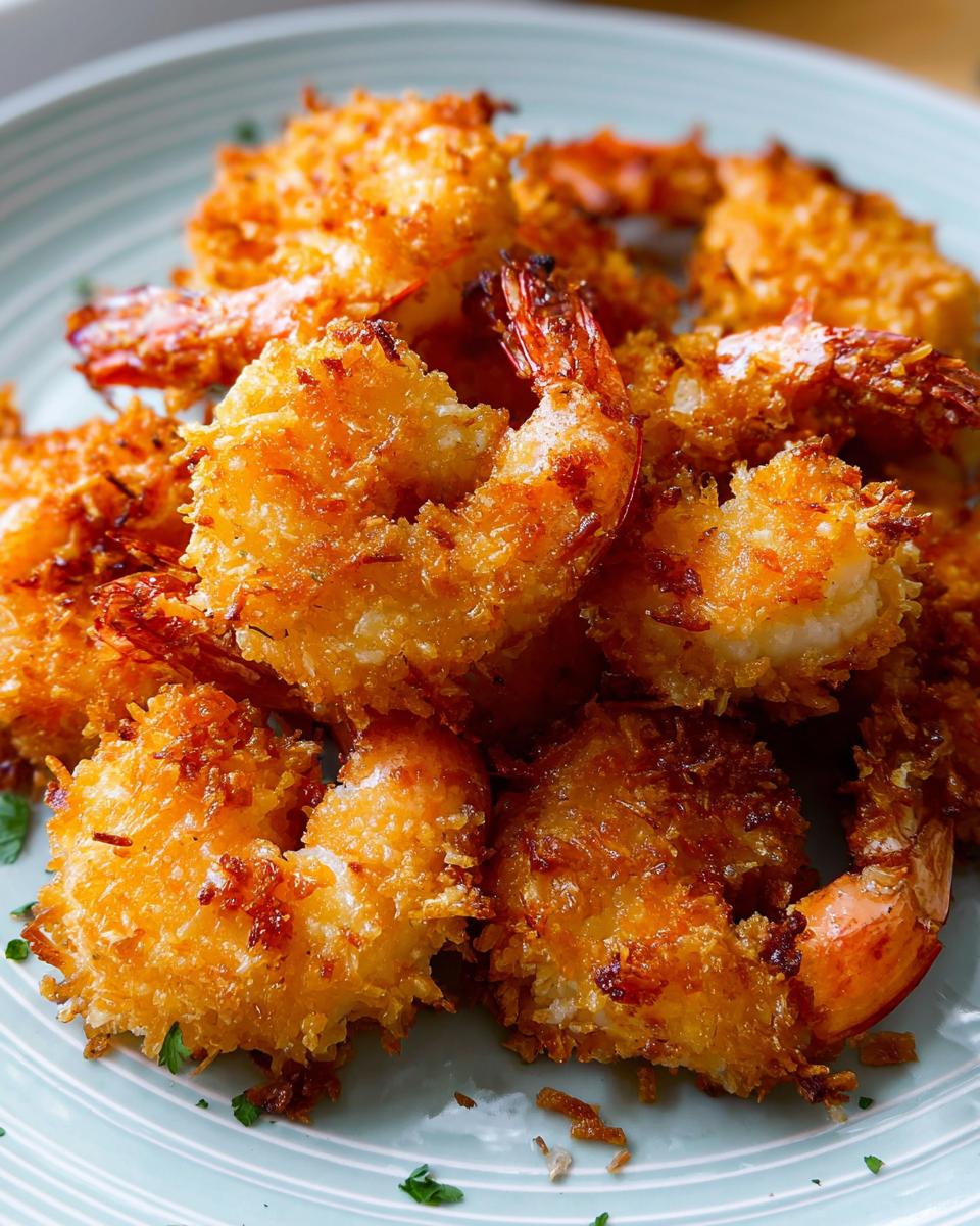 Close-up of golden-brown crispy coconut shrimp, a delicious shrimp recipe, served on a light blue plate with parsley garnish.