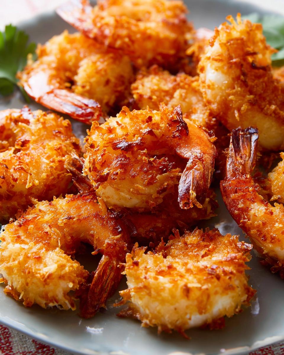 Close-up of crispy coconut shrimp, a delicious shrimp recipe, on a grey plate with parsley garnish.