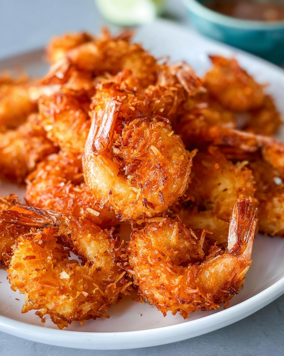 A pile of golden-brown, crispy coconut shrimp on a white plate, perfect for busy weeknights.