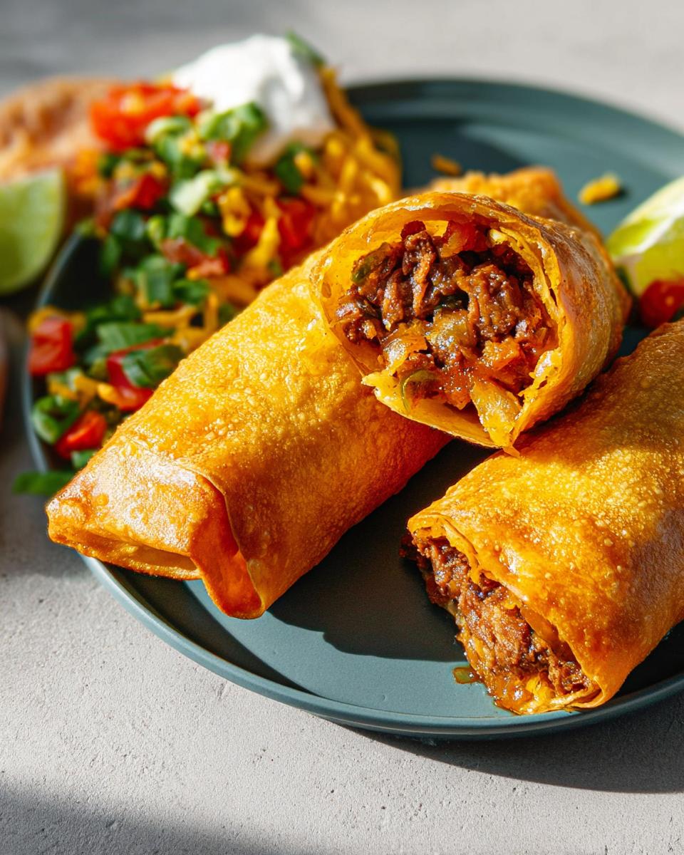 Close-up of two golden-brown, crispy egg rolls filled with savory meat, served with a side of salsa and sour cream.