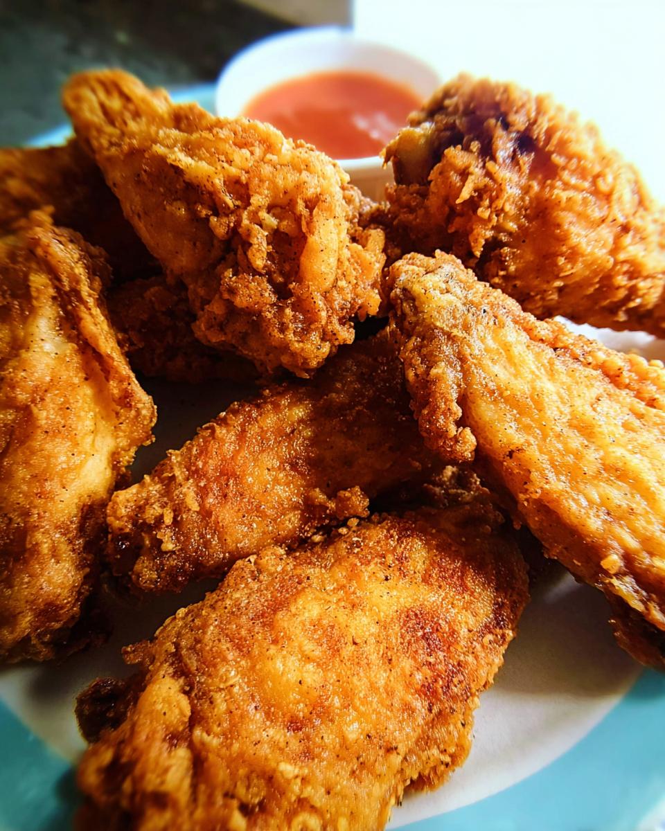 A close-up of golden-brown, crispy fried chicken wings served with a small bowl of dipping sauce.