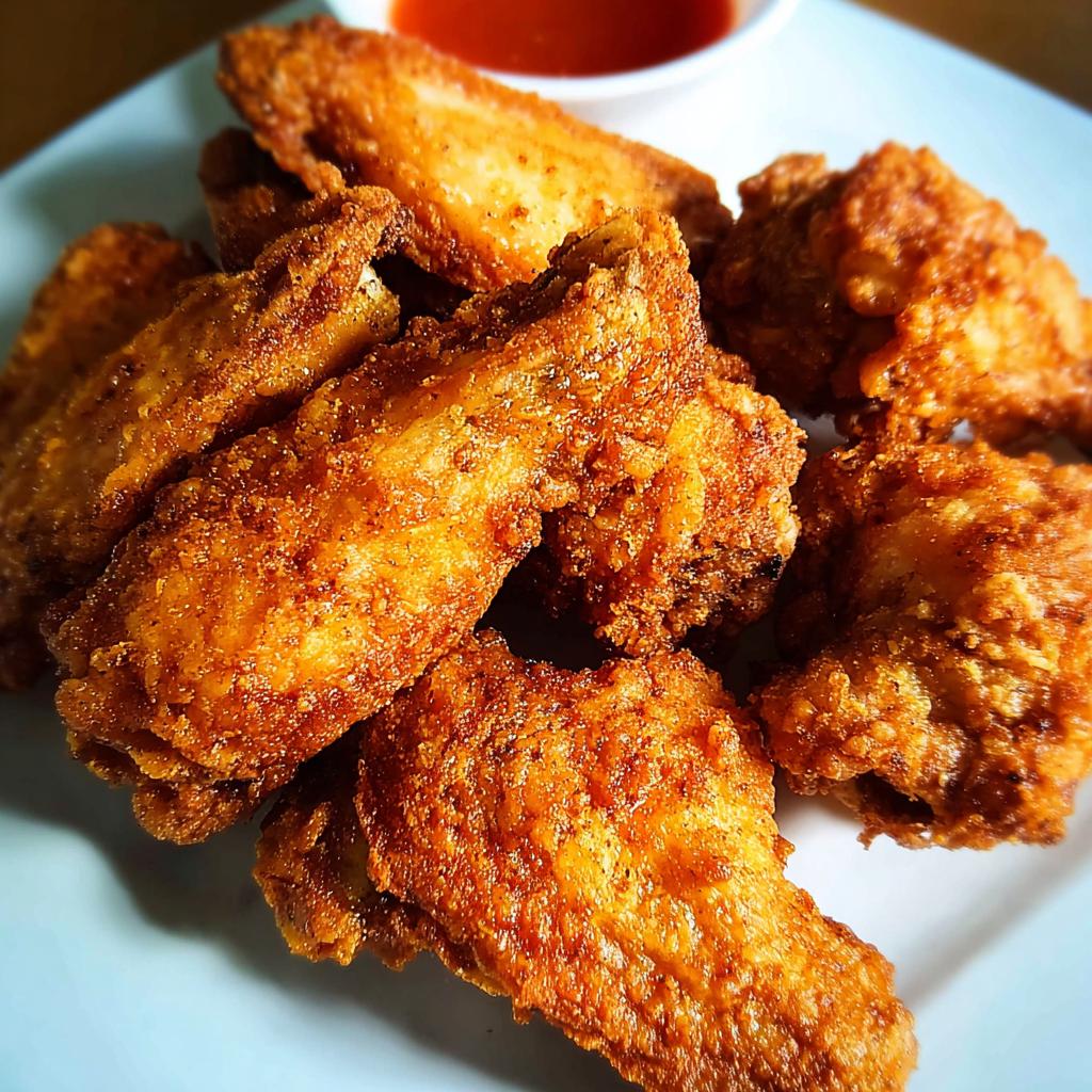 A plate of golden-brown, crispy fried chicken wings served with a small dish of dipping sauce.
