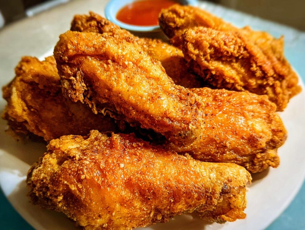 Close-up of golden brown, crispy fried chicken wings, part of the ultimate chicken wings recipes guide for beginners.