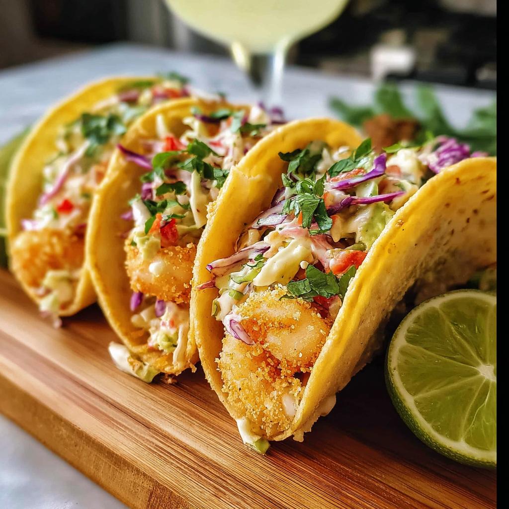 Three crispy shrimp tacos filled with shredded cabbage, avocado, and cilantro, served with a lime wedge. A quick shrimp recipe.