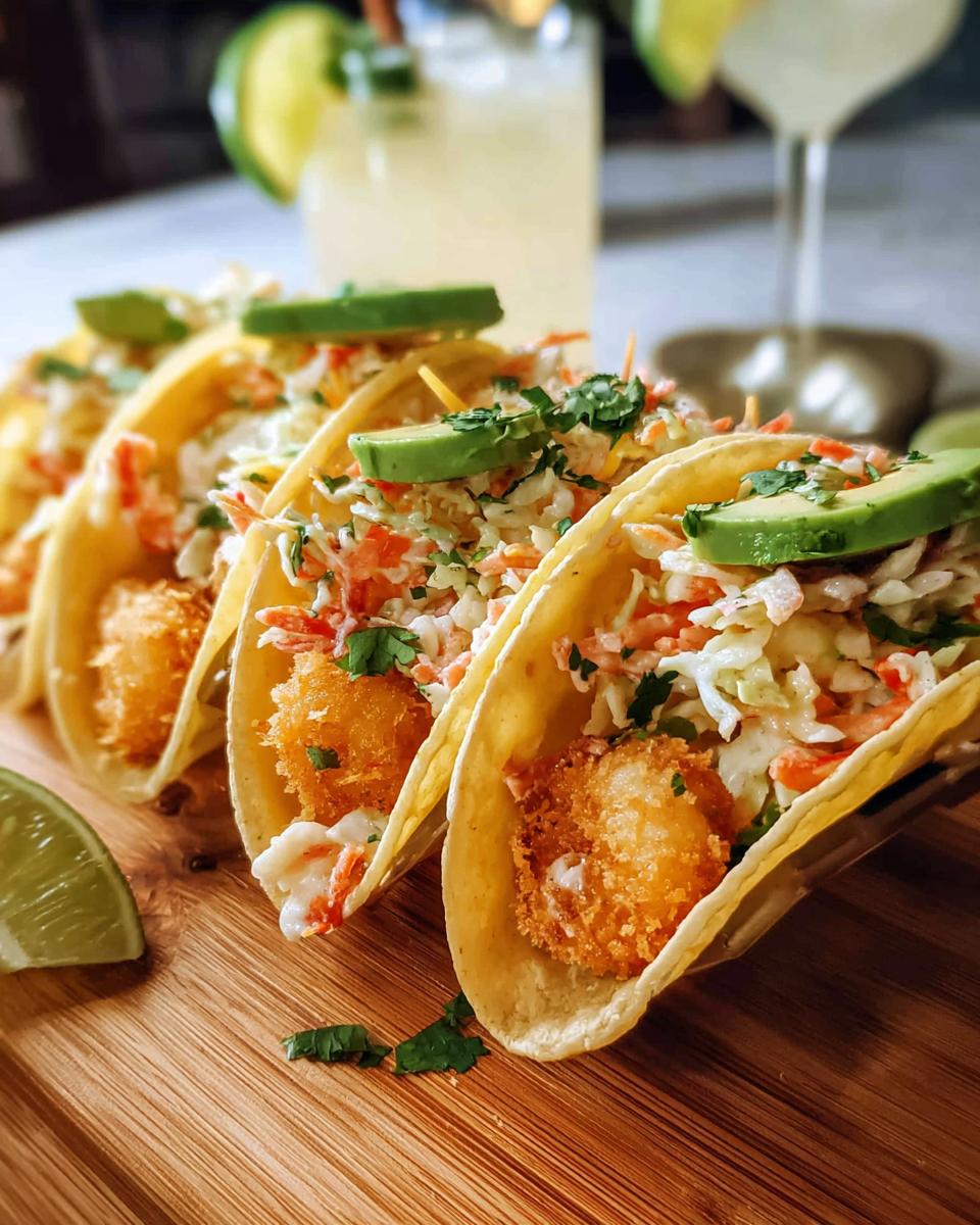 Close-up of three crispy shrimp tacos topped with slaw and avocado, part of quick shrimp recipes.