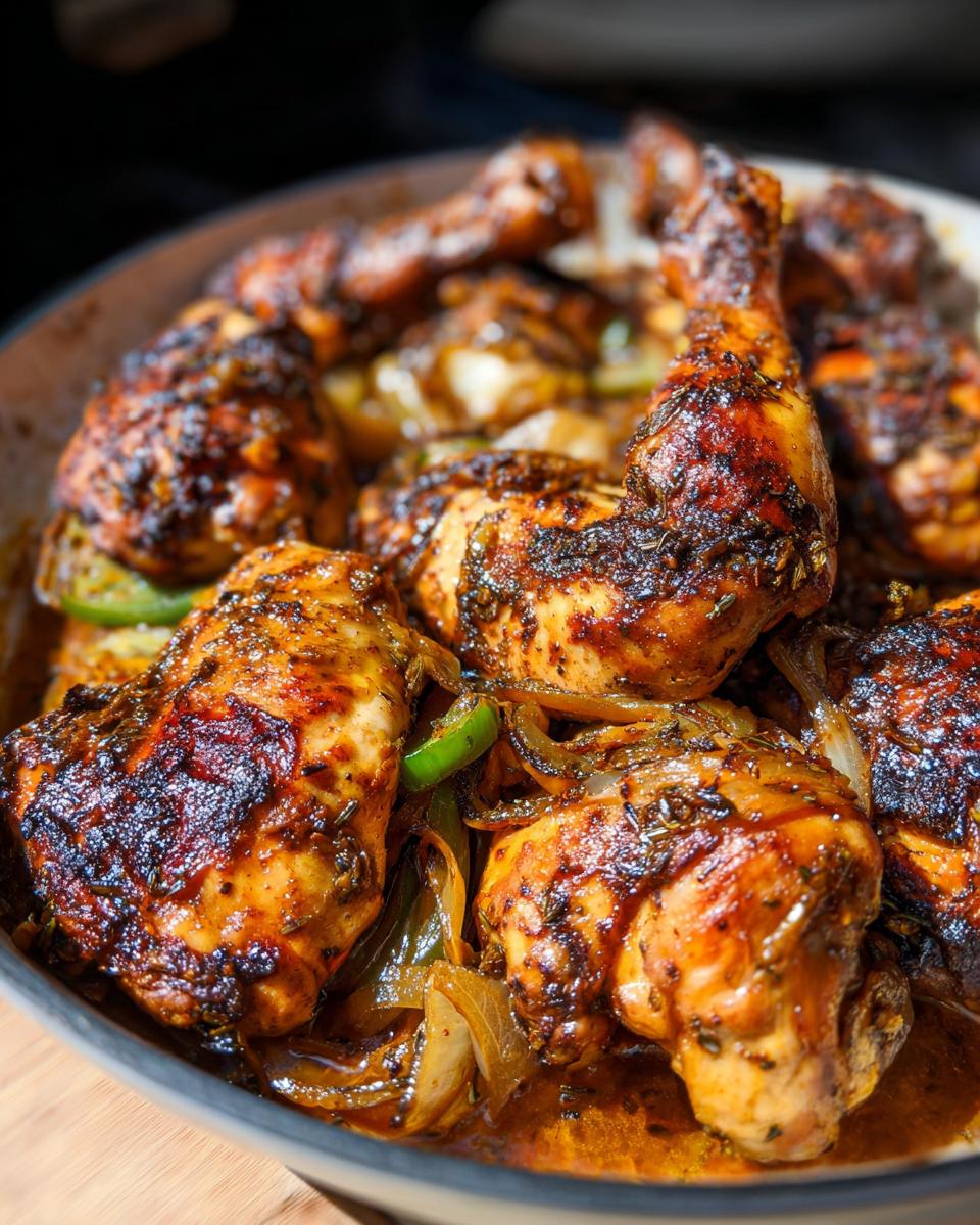 Close-up of baked chicken pieces with onions and peppers, part of the best chicken recipes.
