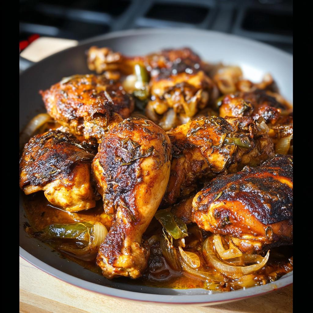A close-up of pan-seared chicken pieces with onions and herbs, part of the best chicken recipes.