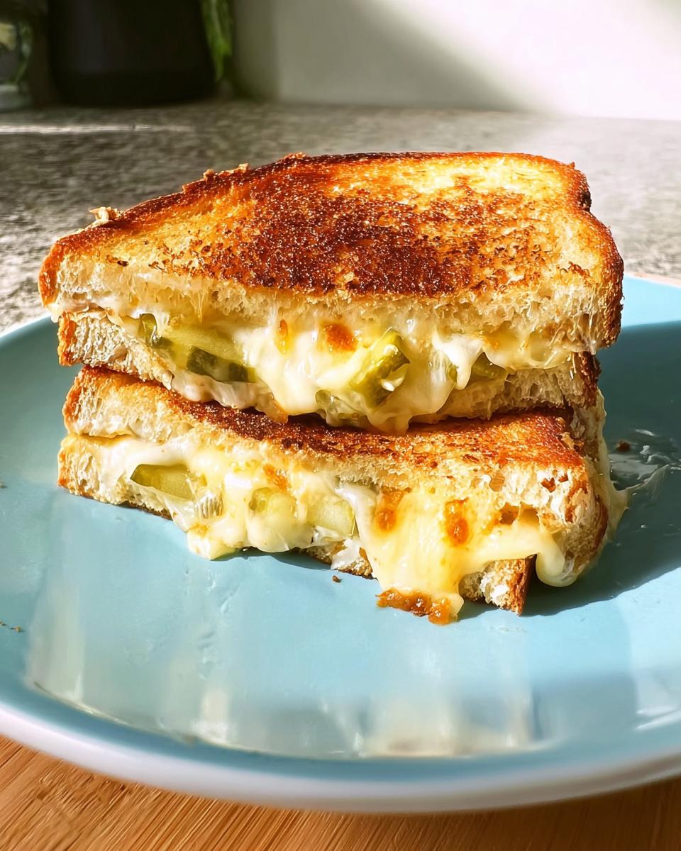 A stack of two halves of a dill pickle grilled cheese sandwich with melted cheese oozing out.
