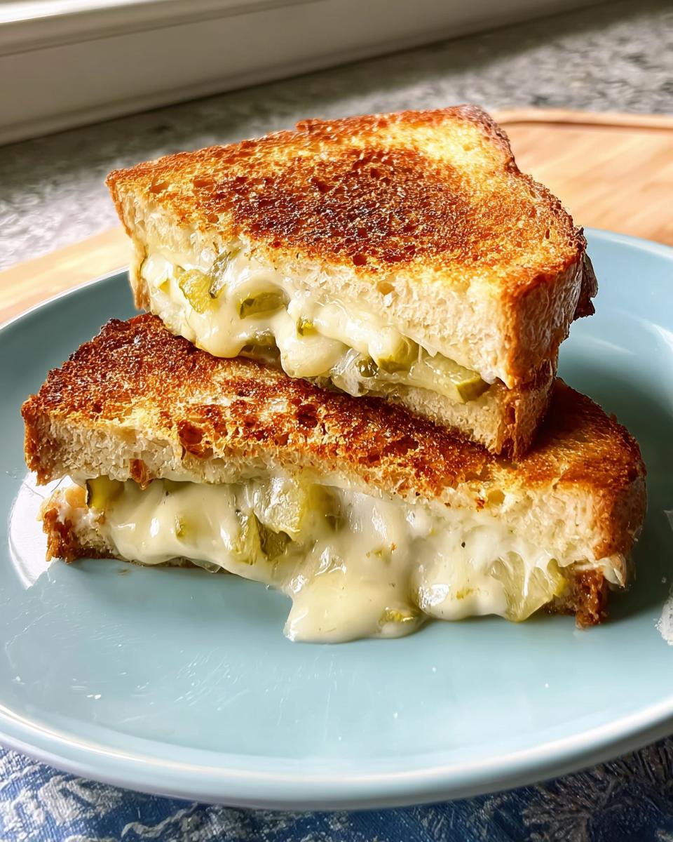 A close-up of a dill pickle grilled cheese sandwich, with melted cheese oozing out.