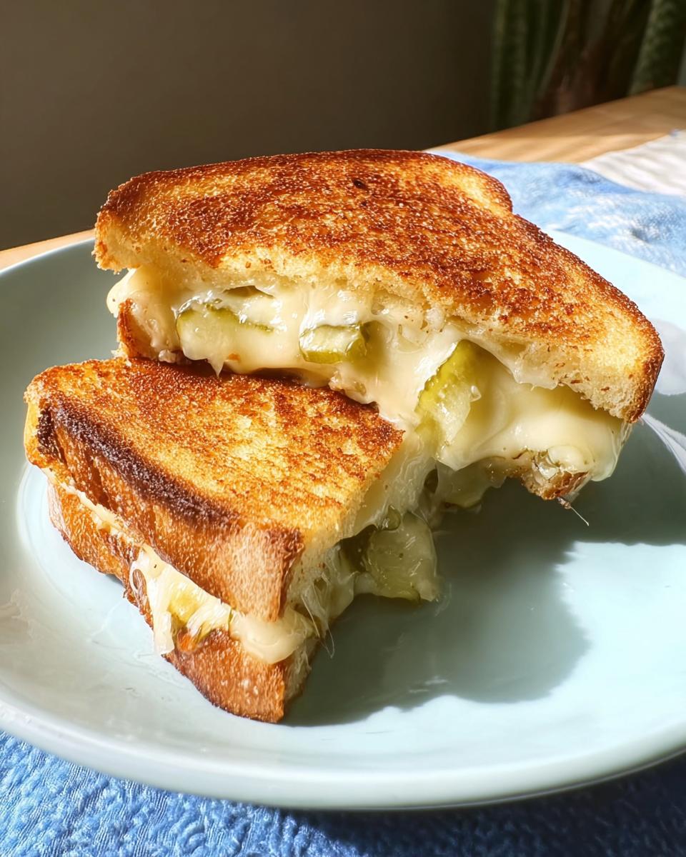 A close-up of a perfectly grilled cheese sandwich filled with melted cheese and dill pickle slices, cut in half.