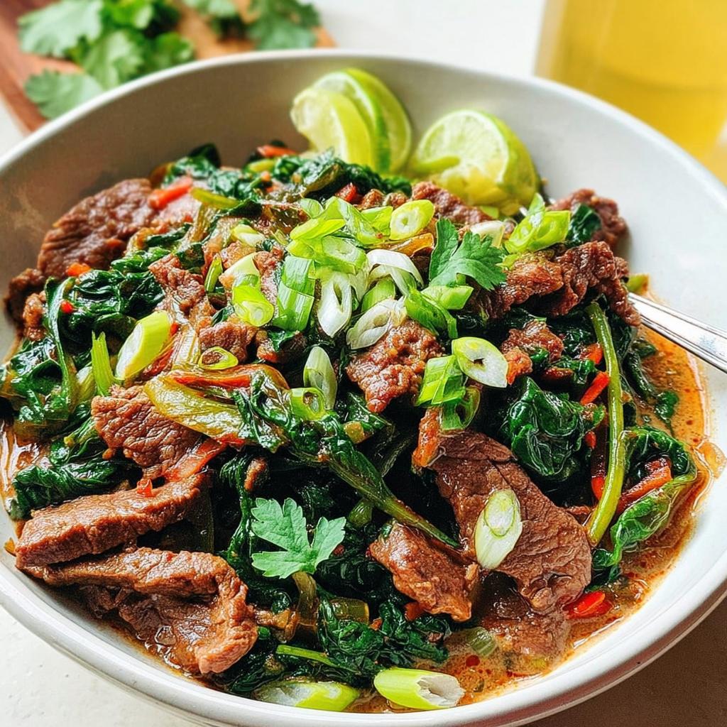 A close-up of a delicious beef and greens stir-fry, garnished with green onions and lime wedges, perfect for easy dinner recipes for beginners.