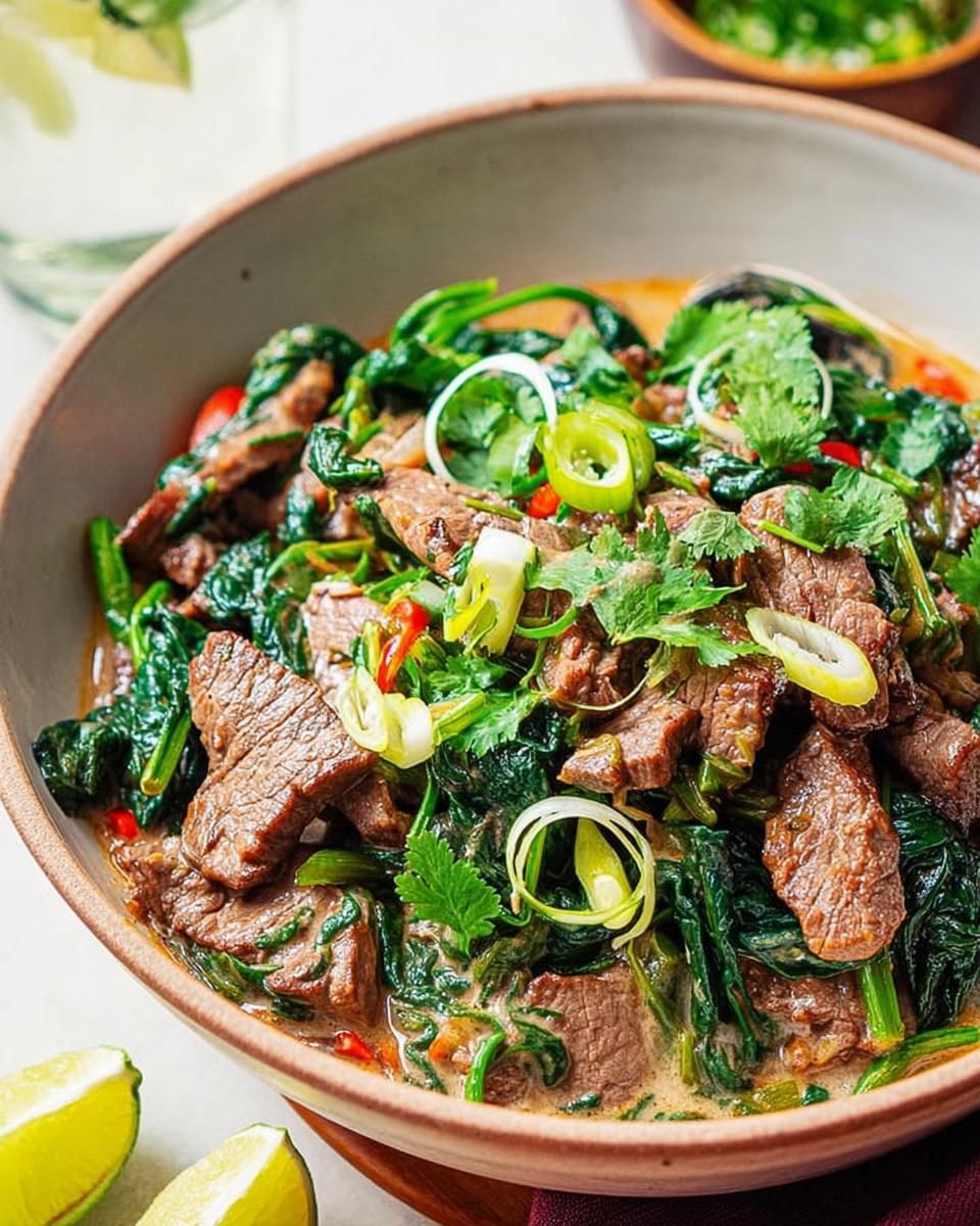 Close-up of a bowl filled with tender beef slices and wilted spinach in a creamy sauce, garnished with green onions and cilantro.