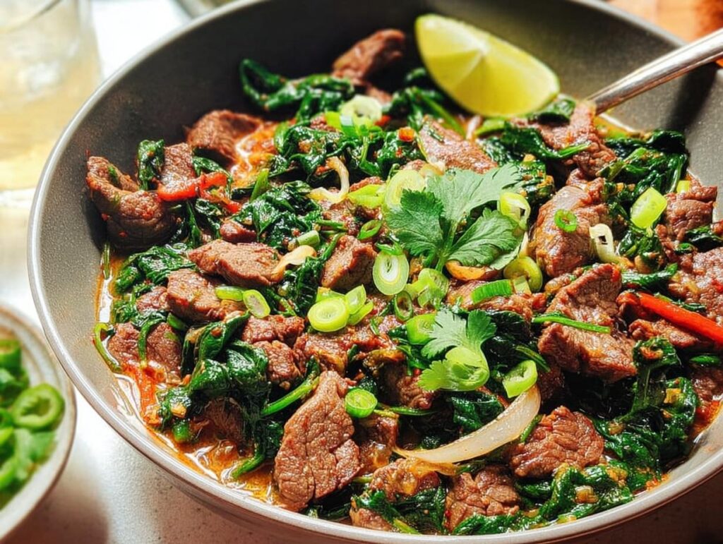 A close-up of a bowl filled with an easy beef and spinach stir-fry, garnished with lime and scallions.