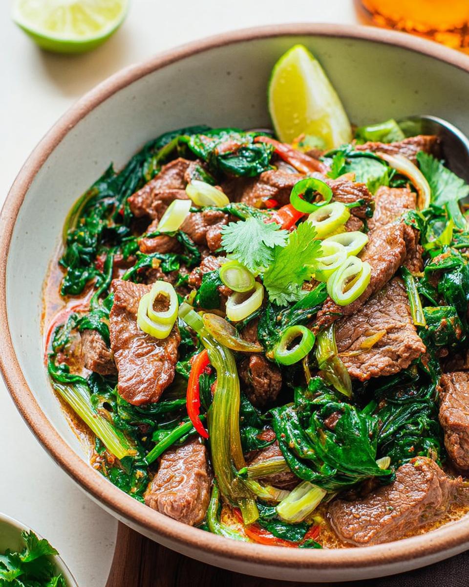 Close-up of a flavorful beef and spinach stir-fry, a perfect easy dinner recipe for beginners.