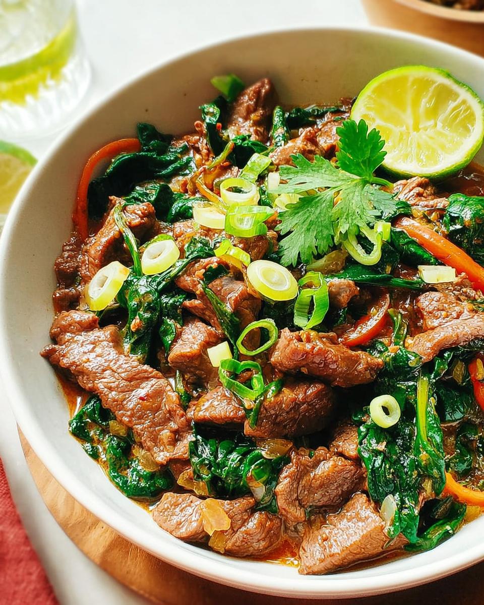A close-up of a bowl filled with tender beef strips, wilted spinach, and sliced green onions, garnished with a lime wedge.