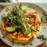 A vibrant and healthy hummus flatbread topped with fresh avocado, cucumber, bell peppers, and greens, perfect for easy dinners.