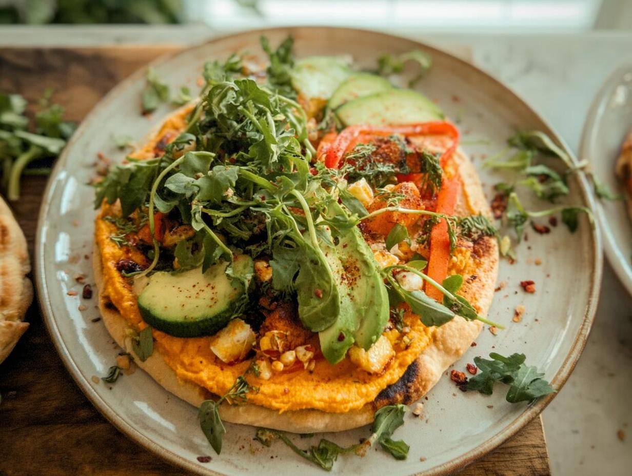 A vibrant and healthy hummus flatbread topped with fresh avocado, cucumber, bell peppers, and greens, perfect for easy dinners.