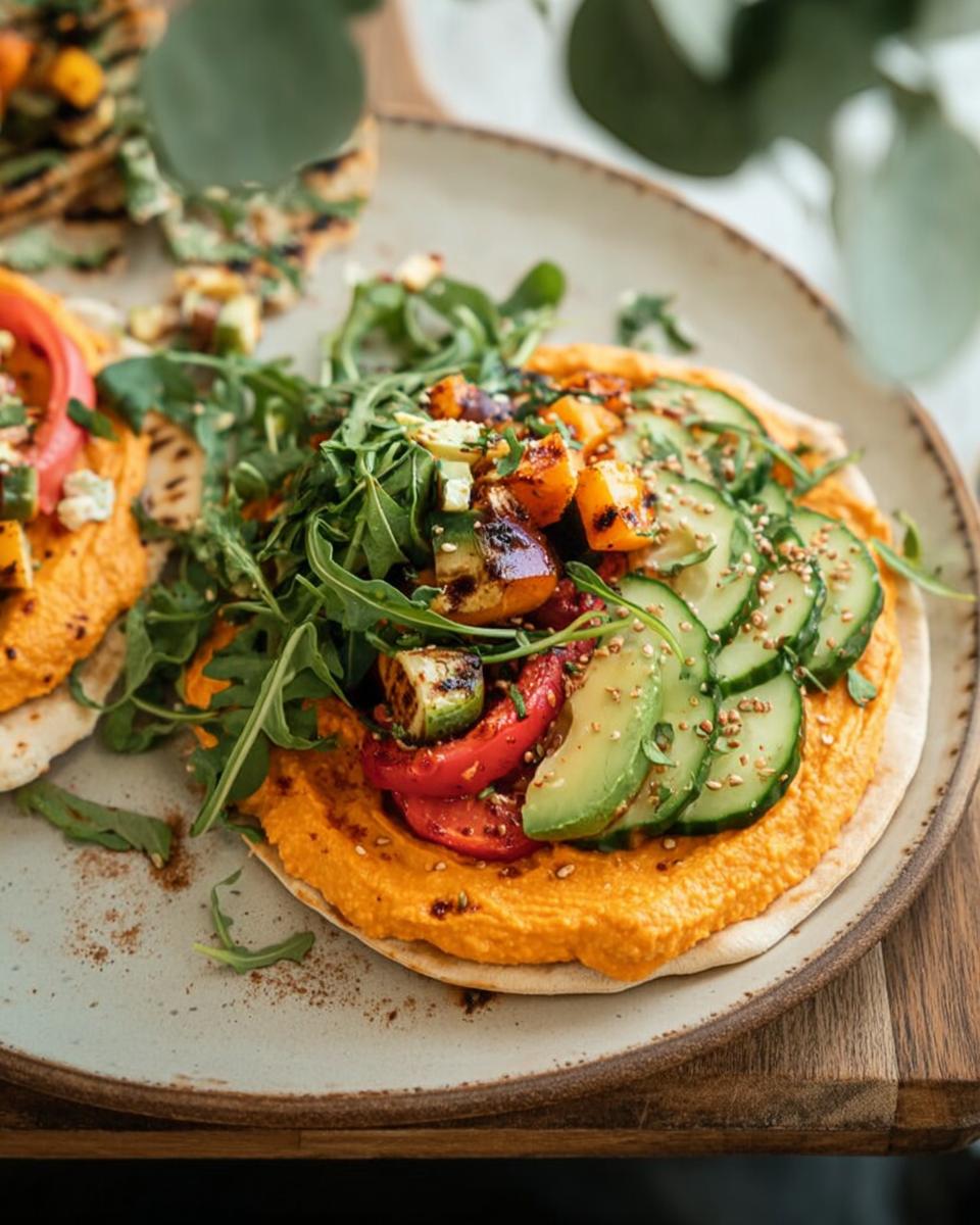 A vibrant hummus flatbread topped with grilled vegetables like zucchini, bell peppers, tomatoes, avocado, and cucumber, perfect for easy dinner ideas.
