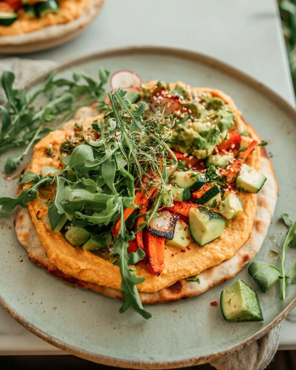 A vibrant hummus flatbread topped with fresh avocado, roasted vegetables, arugula, and sesame seeds, perfect for easy dinners.