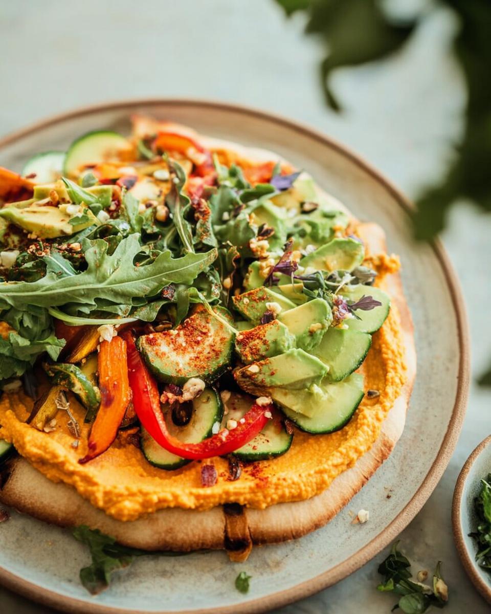A vibrant and healthy hummus flatbread topped with fresh avocado, grilled zucchini, bell peppers, and arugula. An easy dinner idea.