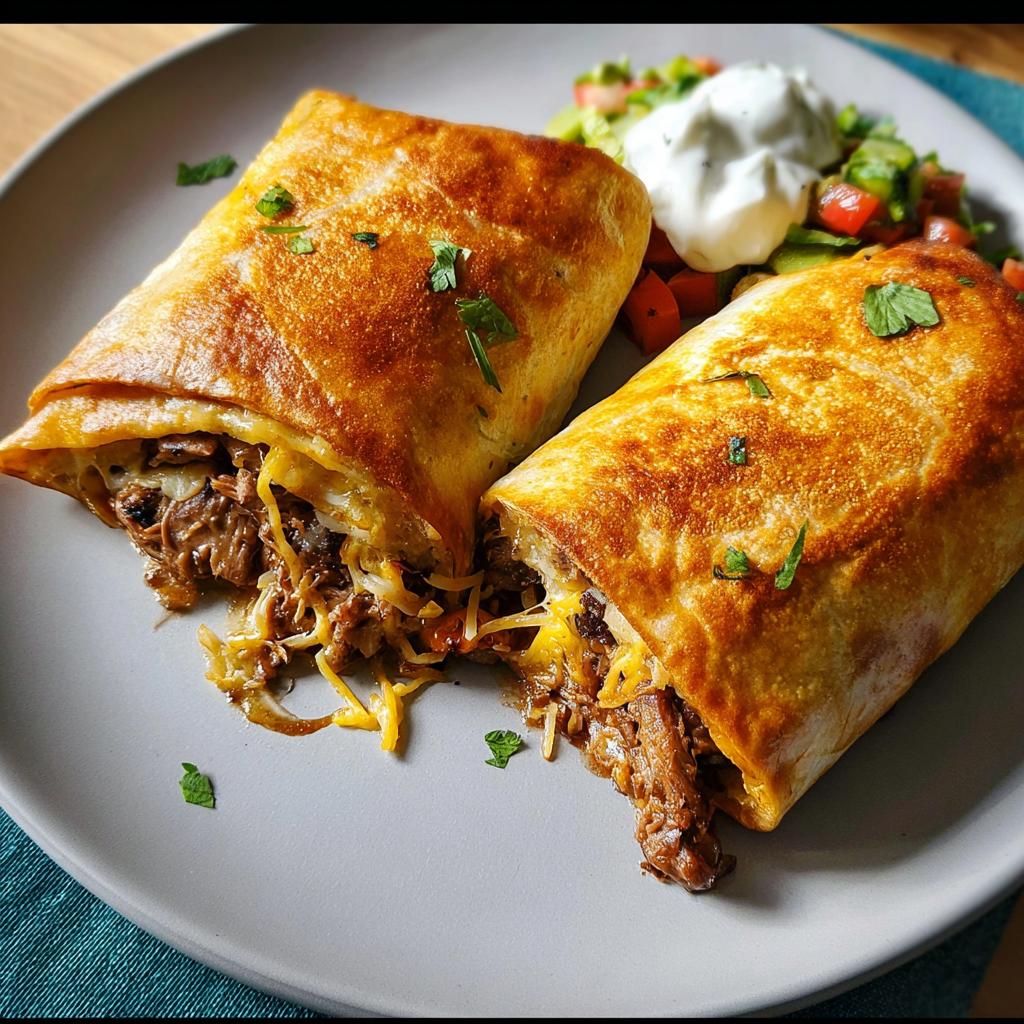 Two halves of a golden-brown baked burrito filled with shredded beef and melted cheese, served with a side of pico de gallo and sour cream.