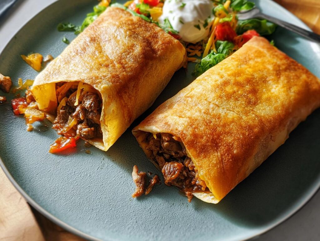 Two golden-brown burritos filled with seasoned beef and vegetables, part of easy dinner recipes.