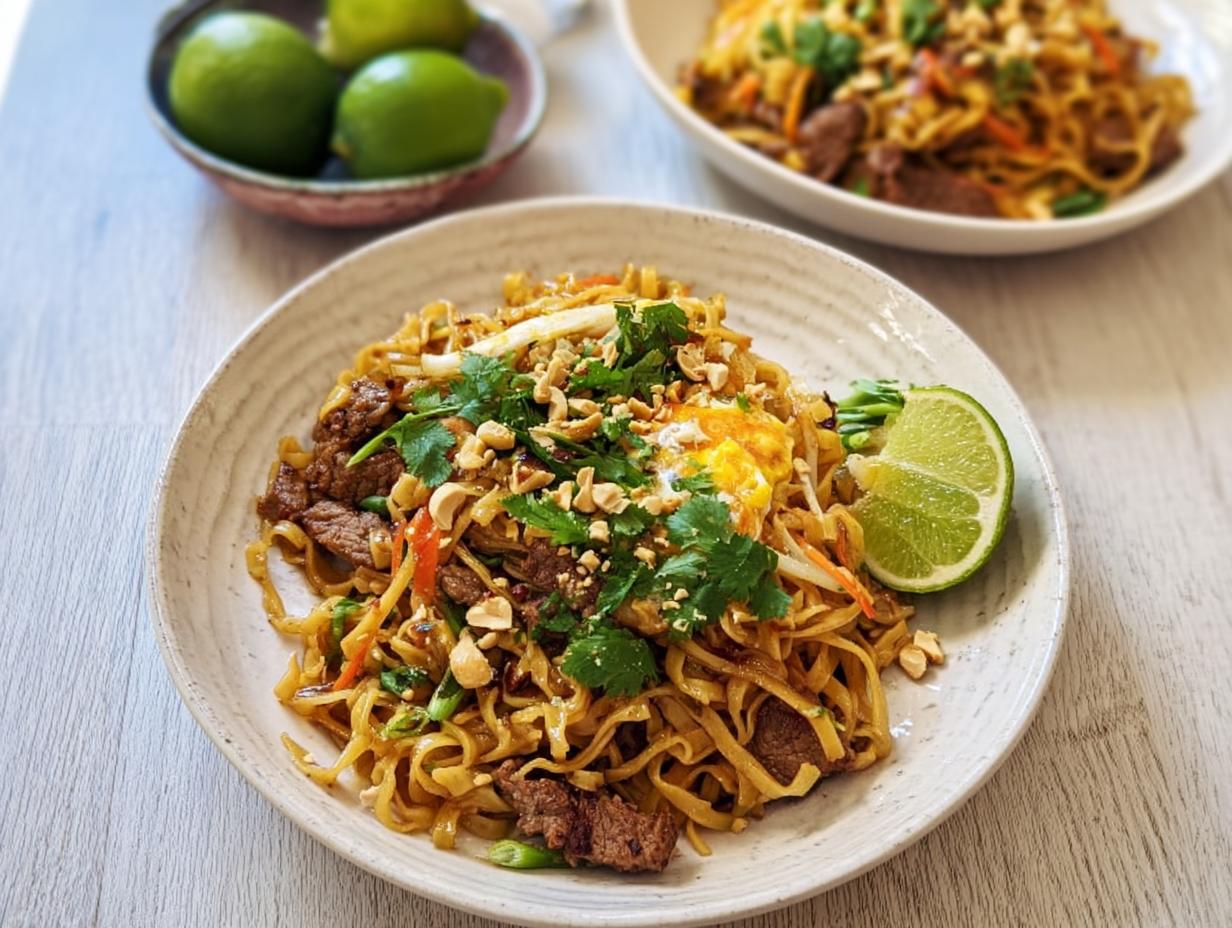 A delicious plate of beef Pad Thai noodles, a perfect easy dinner recipe, garnished with peanuts and cilantro.