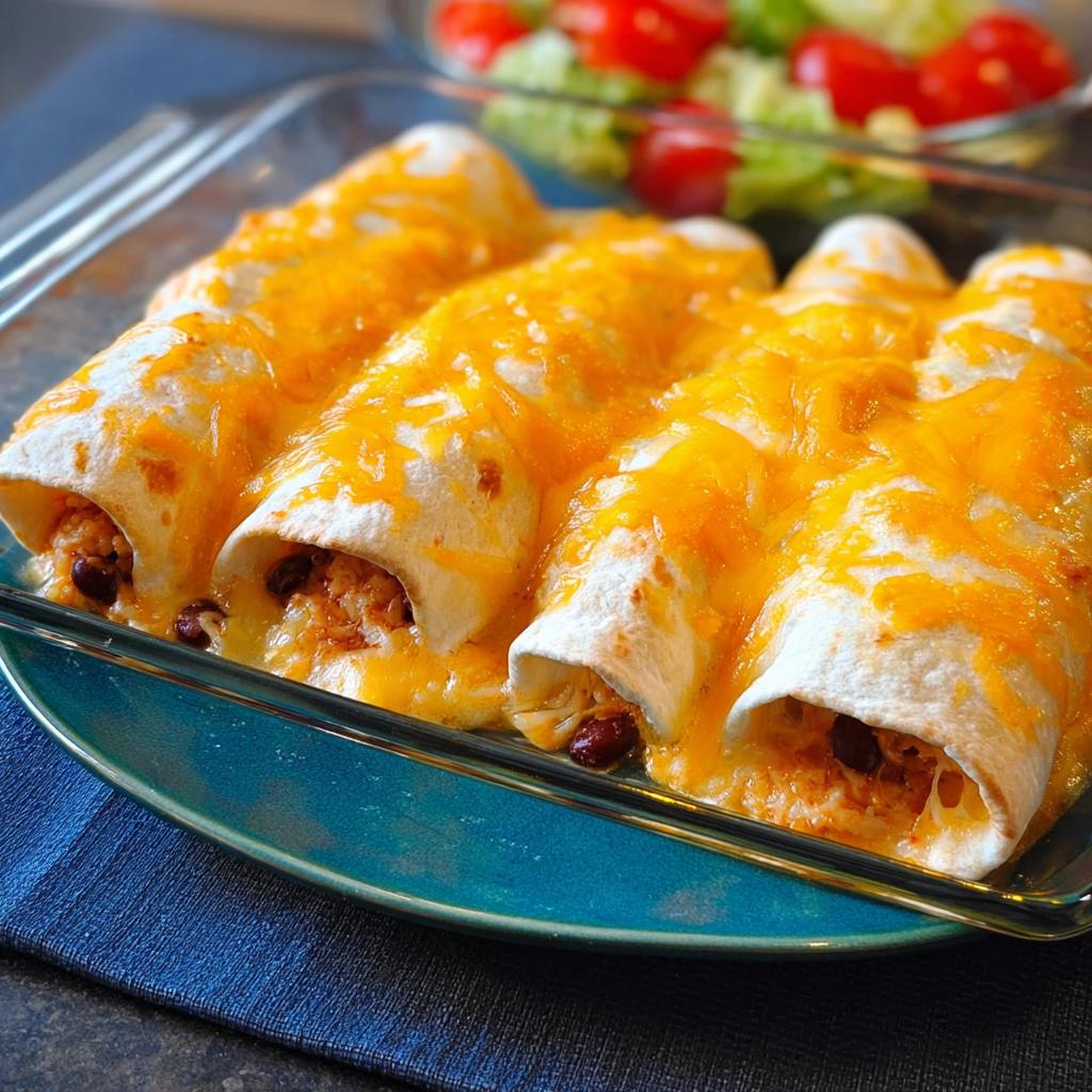 Close-up of cheesy chicken enchiladas in a baking dish, part of an easy dinner recipe.
