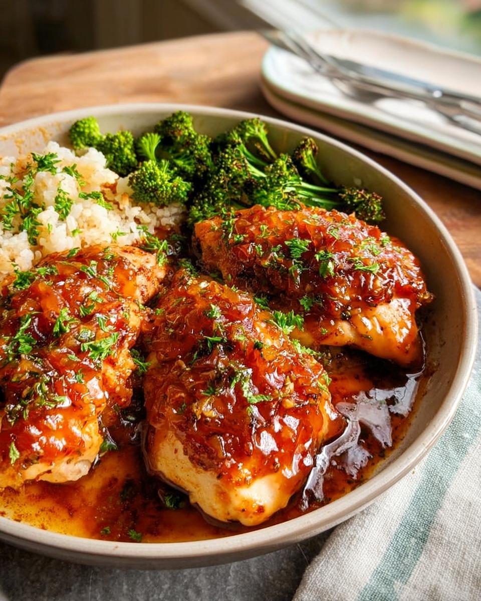 Close-up of a delicious 25-minute dinner featuring glazed chicken breasts, fluffy rice, and steamed broccoli, garnished with parsley.