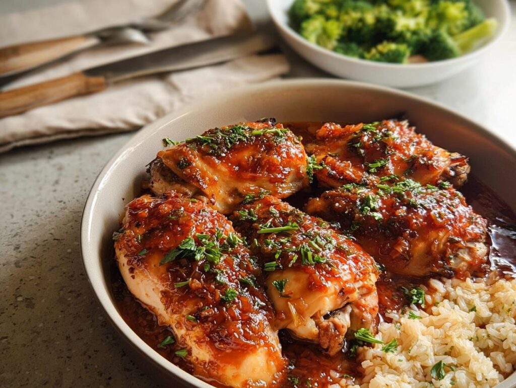 A close-up of glazed chicken pieces served with rice, part of an easy dinner recipe.