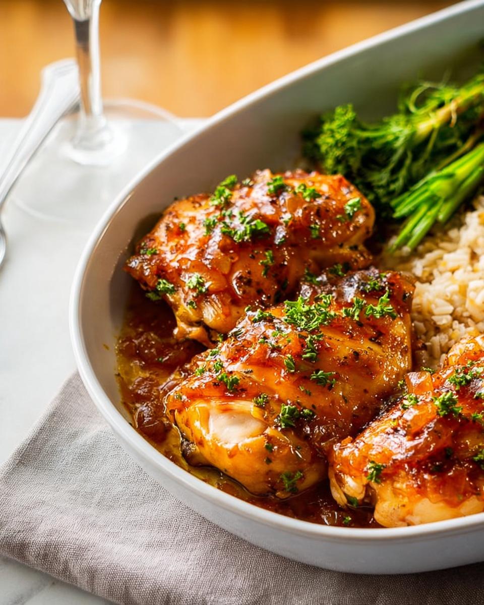 Close-up of glazed chicken thighs with rice and broccoli, a perfect easy dinner recipe.