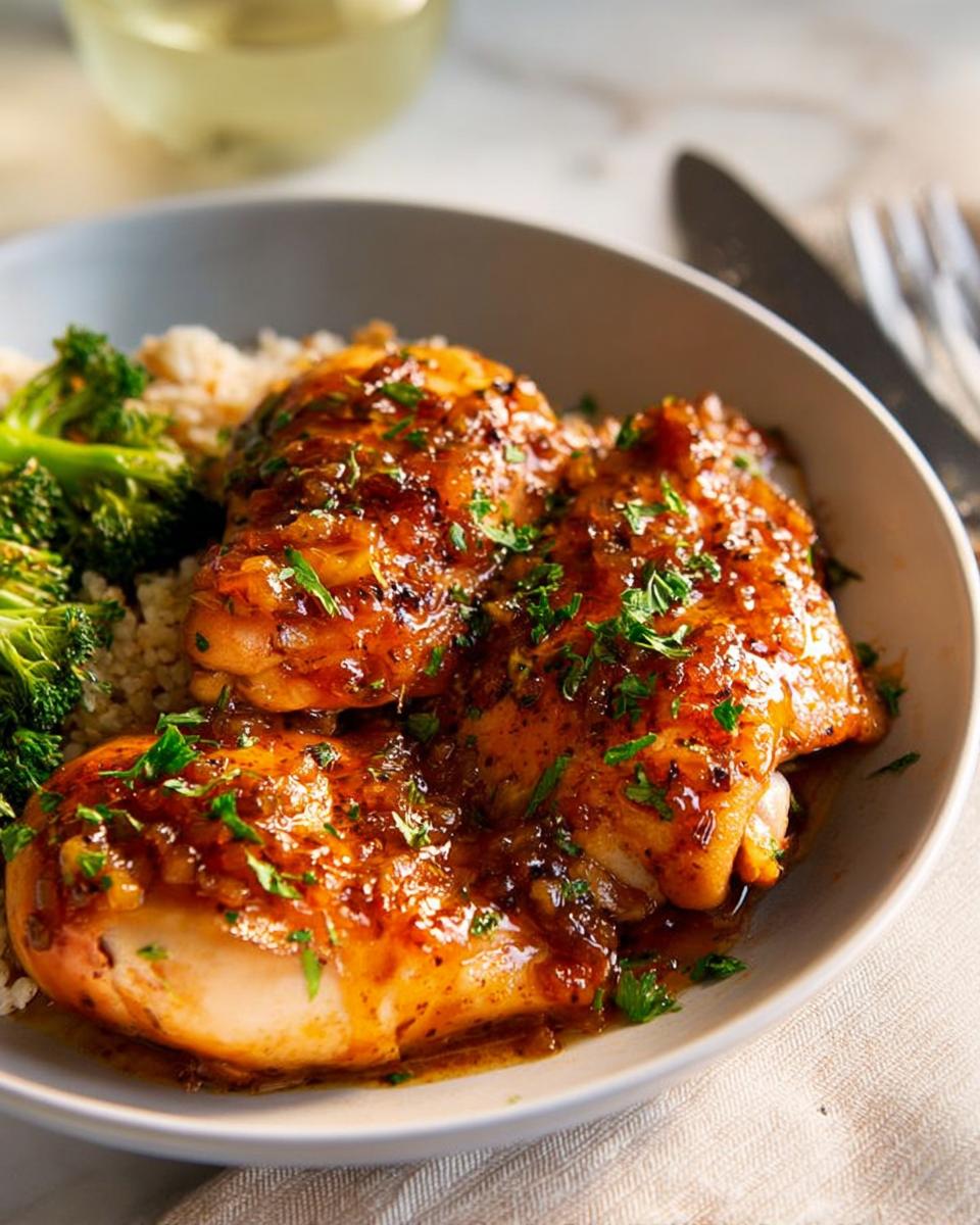 A close-up of glazed chicken thighs served with fluffy rice and steamed broccoli, a perfect easy dinner recipe.