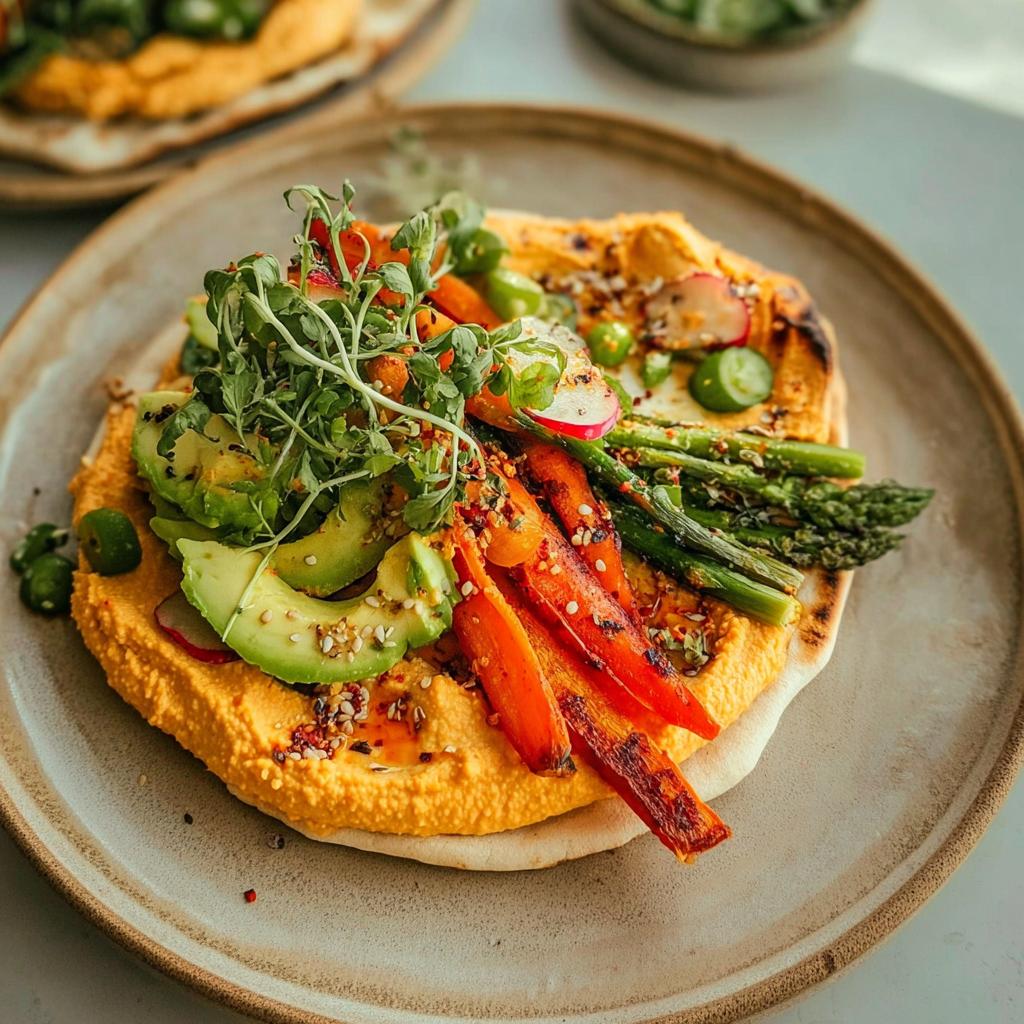 A delicious and easy dinner recipe idea: a flatbread topped with creamy hummus, avocado, roasted carrots, asparagus, and microgreens.