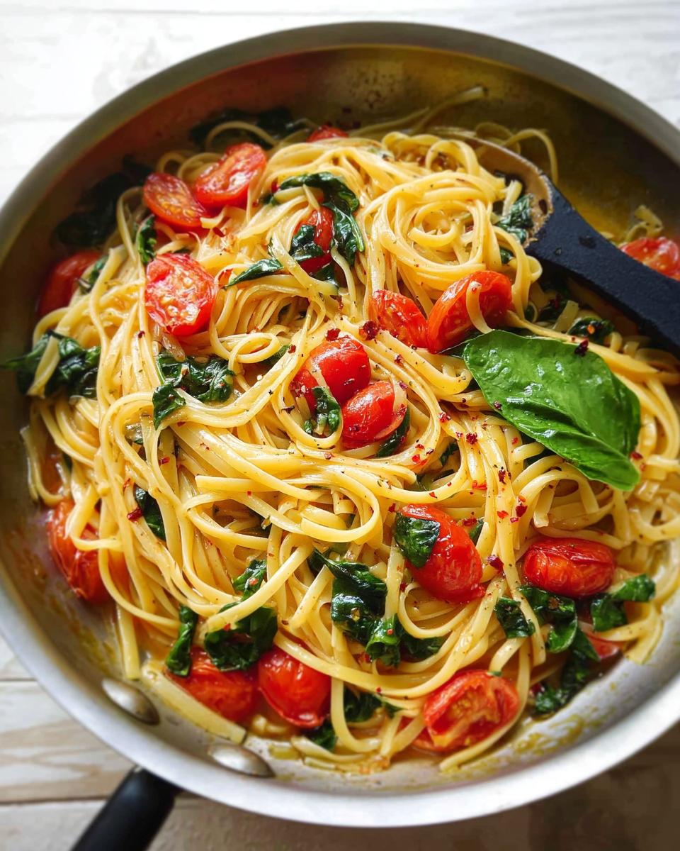 Close-up of linguine pasta with cherry tomatoes and spinach, a perfect easy dinner recipe for meal prep.
